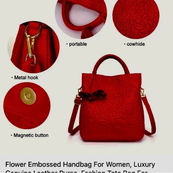 NWOT~Genuine LEATHER Floral Embossed Luxury- Satchel/Handbag/Shoulder bag - Picture 5 of 10